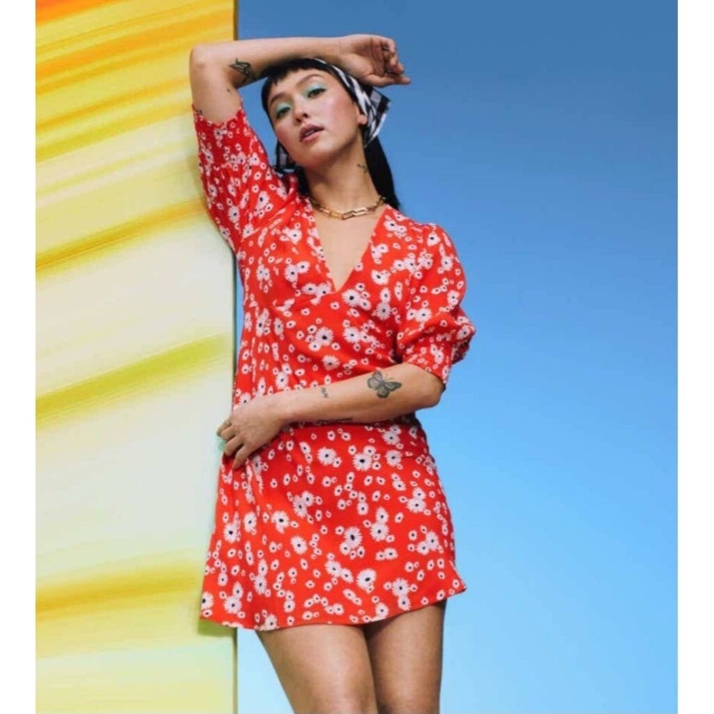 Rixo Red Daisy Floral Mini Dress
